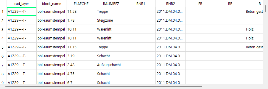 QGIS 속성 테이블. cad_layer, block_name, FLAECHE, RAUMBEZ, RNR2 등의 열에 실 면적과 실명이 들어 있다.