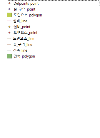 매핑 프로파일을 적용한 QGIS 레이어 패널. 건축·설비·실_구역·도면요소로 묶여 10개로 줄었다.